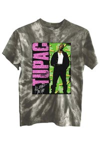 Gray tie-dye cotton t-shirt featuring a graphic print of a person in black attire, bright green background with pink text and accents.