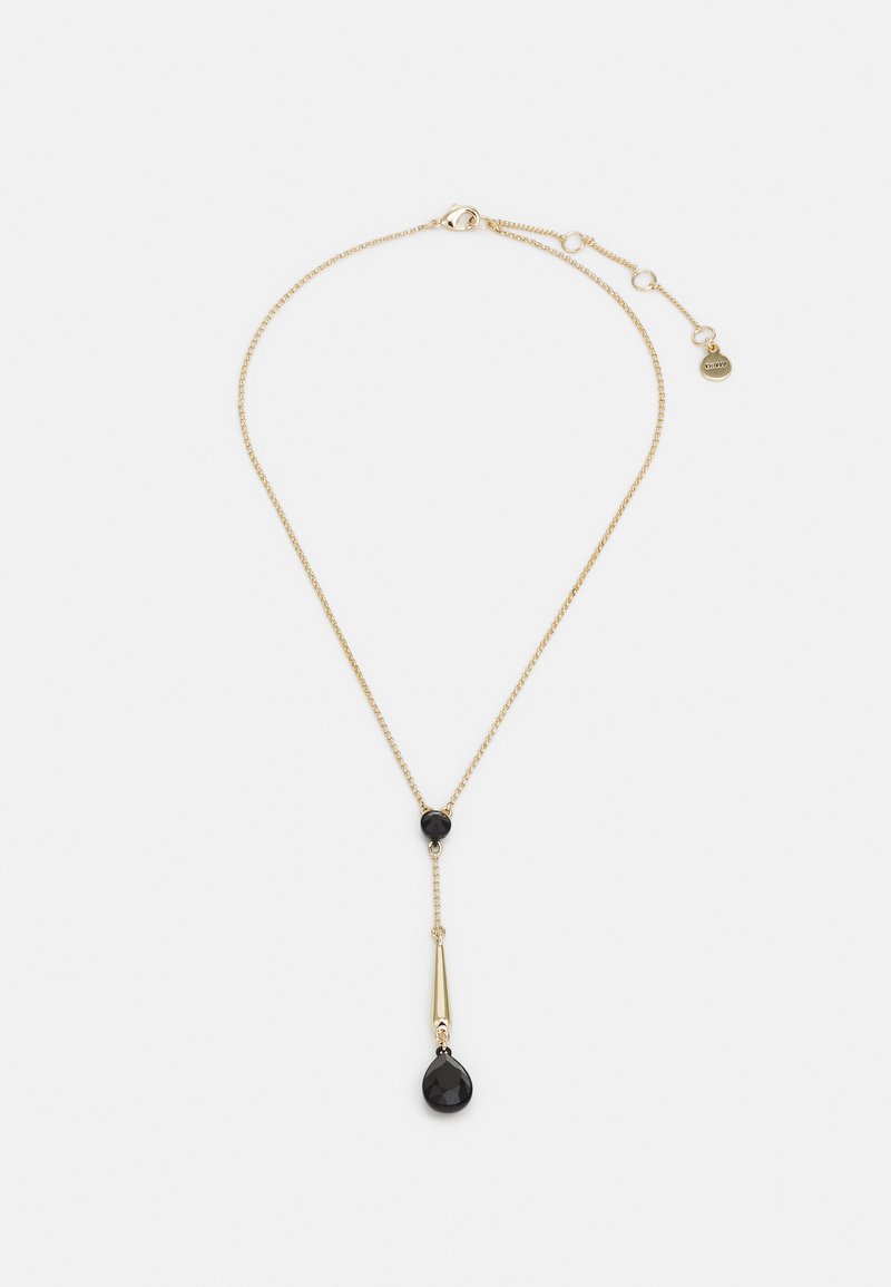 Gold chain necklace featuring a teardrop black pendant, accented by a round black stone and a slender gold detail.