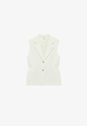 Chaleco blanco sin mangas con solapa y cuello, dos botones dorados y detalle fruncido en la cintura, colocado sobre un fondo blanco.