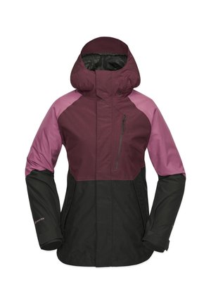 Wasserdichte Jacke in dunklem Schwarz und lila Schattierungen. Verfügt über eine Kapuze, eine mit Reißverschluss versehene Brusttasche und ein strukturiertes Material für Langlebigkeit.