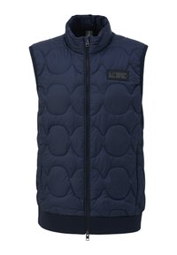 Navyblauer gepolsterter Weste mit hohem Kragen, Reißverschluss und gestepptem Design. Verfügt über ein Logo-Patch und einen gerippten Stricksaum.