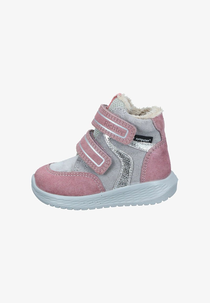 Gray and pink children's boot with two Velcro straps, soft lining, textured suede material, and a lightweight rubber sole. Silver accent detail.