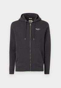 Sudadera con cremallera de color gris oscuro, fabricada en un material suave, que presenta un logotipo bordado, capucha con cordón y dos bolsillos frontales. Textura suave.
