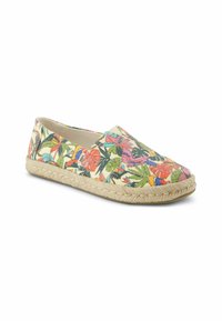 Floral print espadrille with a cream canvas upper, featuring multicolored tropical patterns and a woven jute sole. Slip-on design.