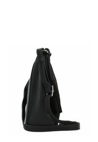 Borsa a tracolla in pelle nera con design strutturato, tracolla regolabile e accessori in acciaio inox. Presenta lati texturizzati e un profilo slim.