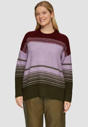 Gebreide trui met een kleurblokdesign met bordeaux, lavendel, groen en donkergroene strepen; ribbelstructuur en een losse pasvorm.