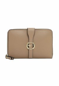 Tan leather wallet with a zip closure, featuring a central circular gold-tone hardware accent and a flap with a matching strap.