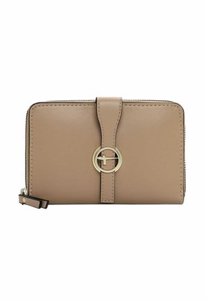 Tan leather wallet with a zip closure, featuring a central circular gold-tone hardware accent and a flap with a matching strap.
