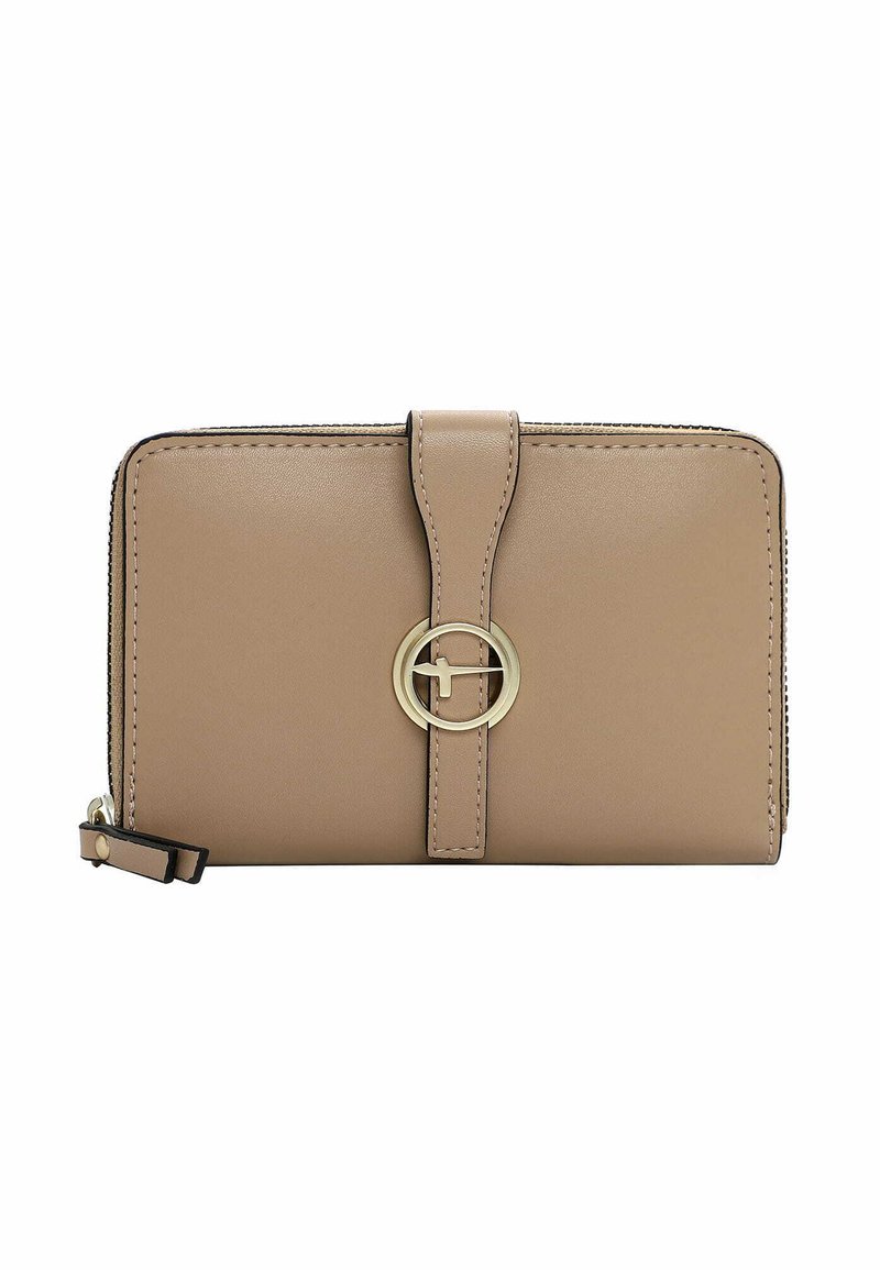 Tan leather wallet with a zip closure, featuring a central circular gold-tone hardware accent and a flap with a matching strap.