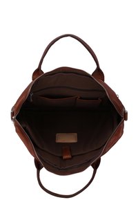 Borsa a mano in pelle marrone con manici doppi e chiusura con zip. L'interno presenta una foderatura in tessuto scuro, una tasca con zip e due tasche a scomparsa.