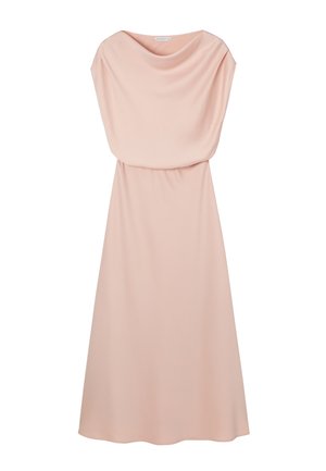 Robe midi rose clair sans manches avec un décolleté bateau drapé et une taille cintrée.