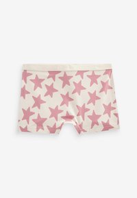 Boxer shorts en coton avec un fond crème et un motif d'étoiles roses, une taille élastique, et une conception arrivant au milieu de la cuisse.