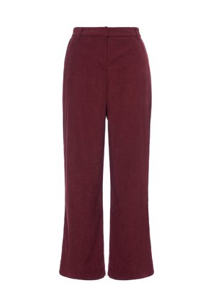 Pantaloni larghi color bordeaux realizzati in tessuto morbido, con vita alta e una texture liscia senza decorazioni visibili.