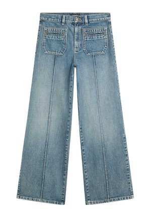 Jasnoniebieskie dżinsy w szerokim kroju, wykonane z denimu, z wysokim stanem, dwiema tylnymi kieszeniami i plisami z przodu dla strukturalnego detalu.