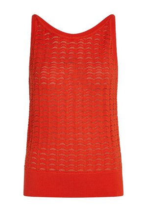 Rotes ärmelloses Stricktop mit einem Zickzack-Lochmuster und einem festen, gerippten Saum.