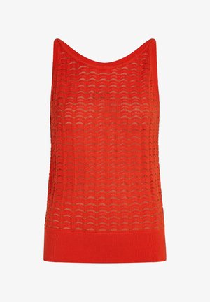 Rotes ärmelloses Stricktop mit einem Zickzack-Lochmuster und einem festen, gerippten Saum.