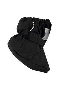 Juodos žiemos botai su smailiu pirštu, elastinga viršutine dalimi ir reguliuojama Velcro juostele. Minkšta, paminkštinta medžiaga su tekstūruotu paviršiumi.