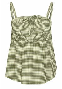 Top a cuadros en verde y blanco con tirantes finos, un detalle de lazo en el escote y un diseño suelto, acampanado y hasta la cadera.
