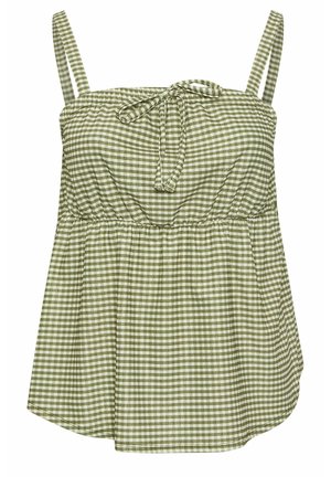 Haut à carreaux vichy vert et blanc avec des bretelles fines, un détail à nouer au niveau du col et un design ample et évasé, arrivant aux hanches.