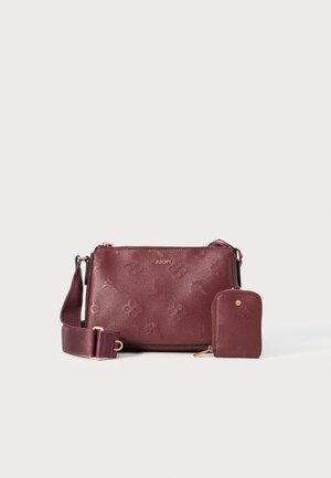 Burgundy leather crossbody bag with embossed logo pattern and gold-tone hardware. Includes a matching cardholder with zip closure.