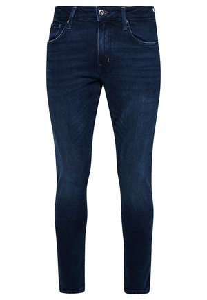 Slim-fit ciemnoniebieskie dżinsy z pięcioma kieszeniami, z logo na metalowych elementach i delikatnymi przetarciami. Gładka faktura, prosty krój nogawki.