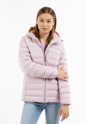 Giacca puffer rosa chiaro con zip frontale, cappuccio e polsini a coste, caratterizzata da un interno giallo a contrasto e un motivo trapuntato.