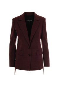 Blazer a quadri borgogna con rever a punta, due bottoni e tasche laterali. Tessuto morbido con silhouette su misura e design strutturato.