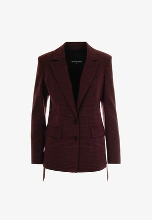 Blazer a quadri borgogna con rever a punta, due bottoni e tasche laterali. Tessuto morbido con silhouette su misura e design strutturato.