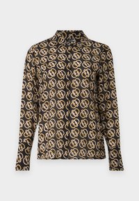 Camicia abbottonata in tessuto nero con un motivo geometrico in oro e bianco. Presenta maniche lunghe e un design colletto classico.