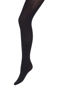 Collant neri opachi con una texture liscia. Presentano un design senza cuciture, una forma aderente e si estendono dal piede fino a metà coscia.