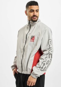 Light gray windbreaker jacket with red accents; features a high collar, zippered front, and elastic cuffs. Logo printed on the sleeve.