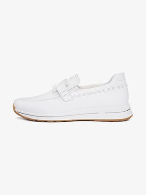 White leather slip-on shoe with a single strap over the instep, cushioned sole, and gum rubber outsole.