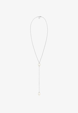 Sølvkæd necklace med to hvide perler, en i midten og en i enden, med en glat, skinnende tekstur.