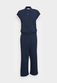 Navy blue jumpsuit with a polo collar, cap sleeves, and an elastic waistband. Made of soft material with a relaxed fit and wide leg design.