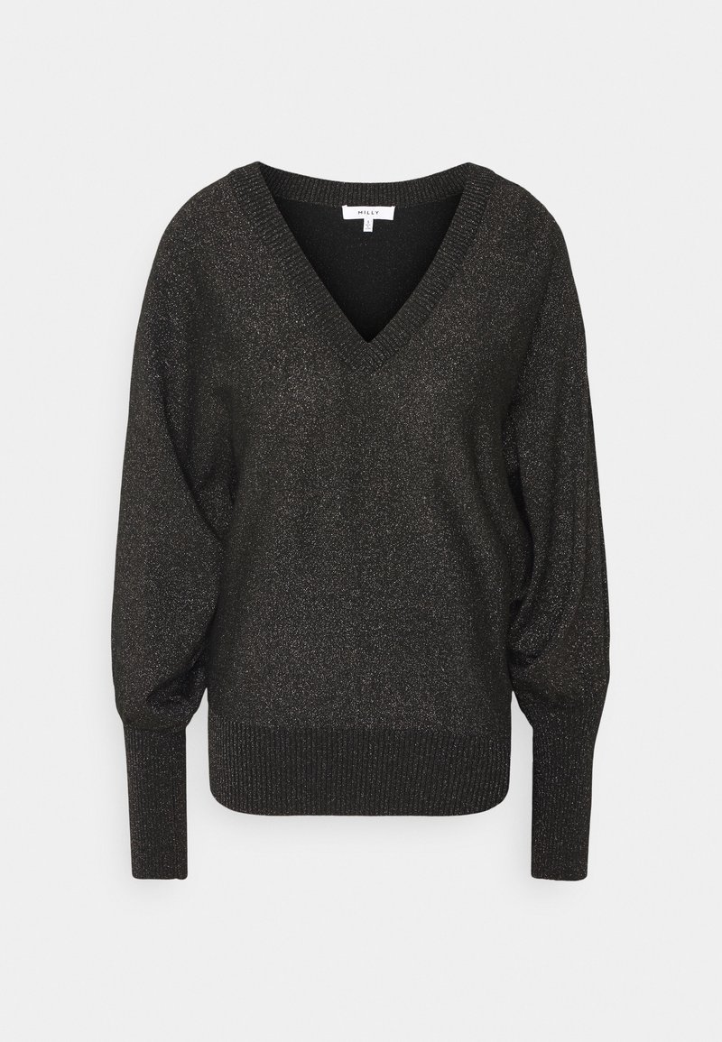 Pull noir à manches longues avec col en V, texture subtile pailletée, poignets et ourlet côtelés.
