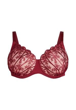 Soutien-gorge à armatures rouge avec des bonnets en mesh transparent ornés de broderies florales et de bords festonnés, bretelles réglables et bande arrière lisse.