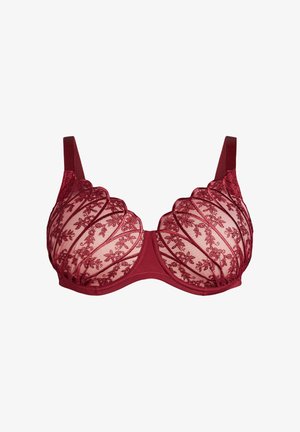 Reggiseno rosso con ferretto, caratterizzato da coppe in mesh trasparente decorate con ricami floreali e bordi smerlati, spalline regolabili e fascia posteriore liscia.