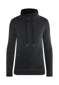 Schwarzer Hoodie mit Kapuze, strukturiertem Stoff mit kleinen Punkten, langen Ärmeln und Kordeln mit metallischen Enden. Rippabschlüsse an Saum und Ärmeln.
