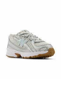 Light gray mesh athletic shoe with white and light blue accents, padded tongue, and synthetic overlays. Gum rubber outsole provides traction.