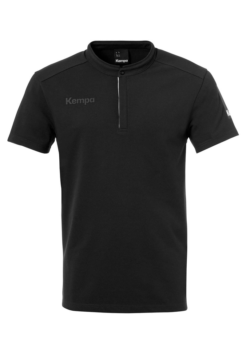 Black short-sleeve polo shirt made of smooth fabric, featuring a buttoned collar and a subtle logo. Simple design with minimal detailing.