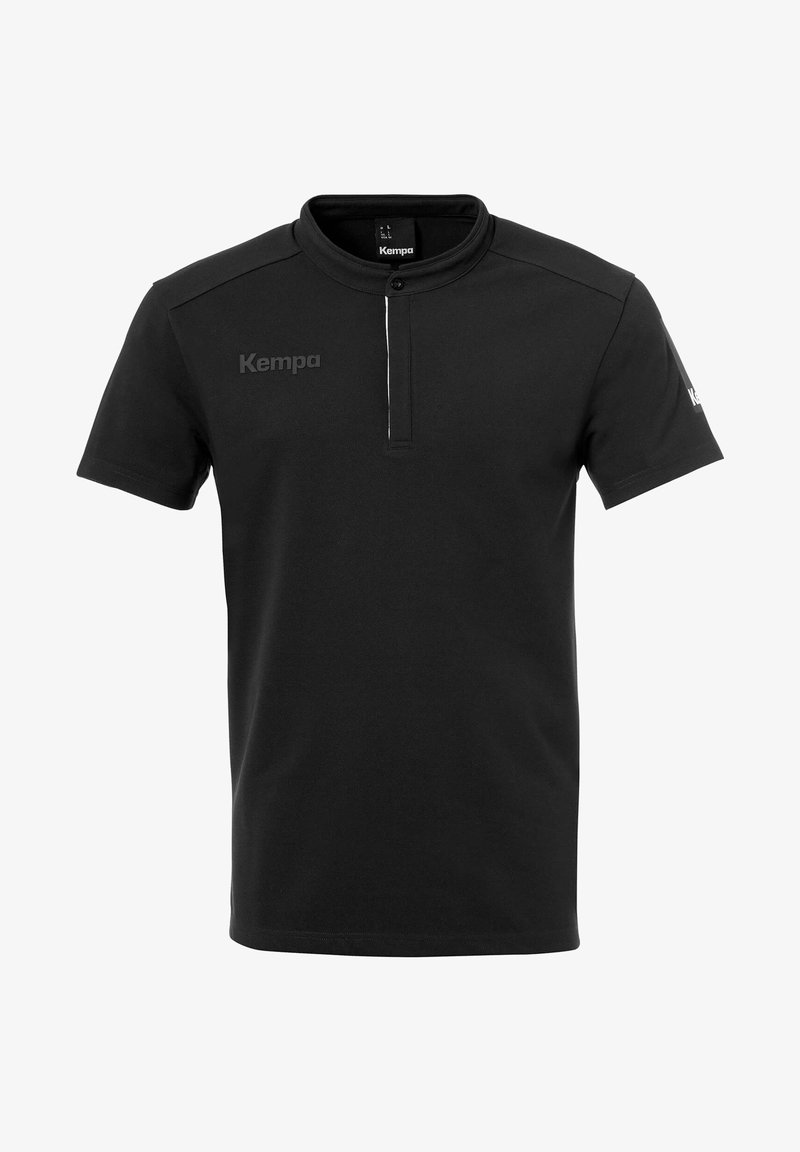 Sort polo-shirt med korte ærmer lavet af glat stof, med en knaplukket krave og et diskret logo. Enkel design med minimal dekoration.
