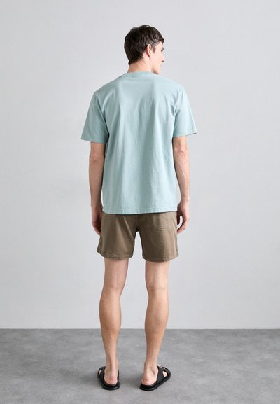 Lichtblauw katoenen t-shirt met korte mouwen, gecombineerd met khaki shorts. De sandalen zijn zwart. Eenvoudig ontwerp zonder zichtbare patronen of accenten.