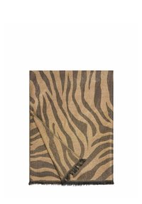 Foulard rettangolare piegato con strisce zebrate marroni e nere e bordi frangiati su uno sfondo bianco.