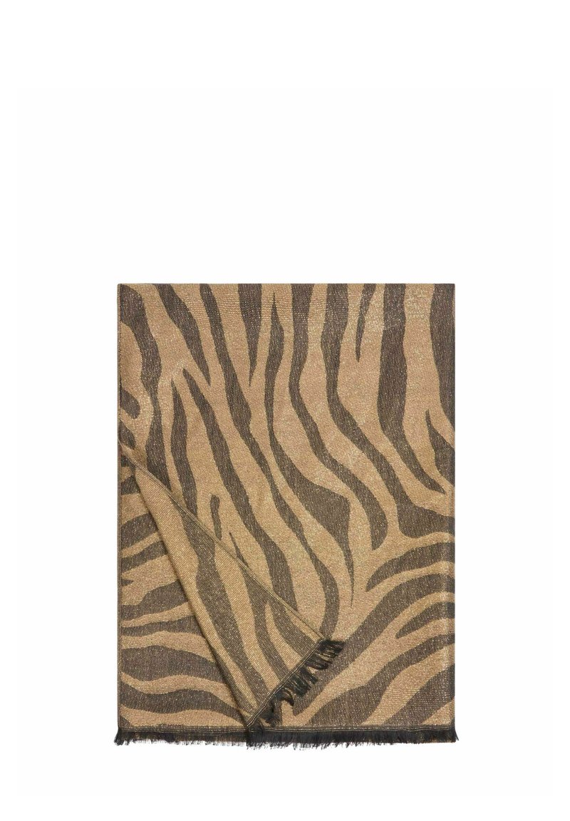Foulard rettangolare piegato con strisce zebrate marroni e nere e bordi frangiati su uno sfondo bianco.