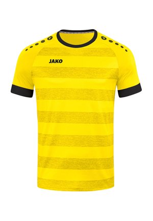 T-shirt de sport jaune avec des accents noirs, présentant des rayures horizontales et un col rond. Logo de la marque "JAKO" sur la poitrine et détails aux épaules.