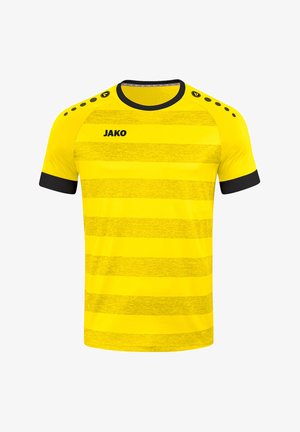 Geel sportshirt met zwarte accenten, voorzien van horizontale strepen en een ronde halslijn. Merkl logo "JAKO" op de borst en schouderdetails.
