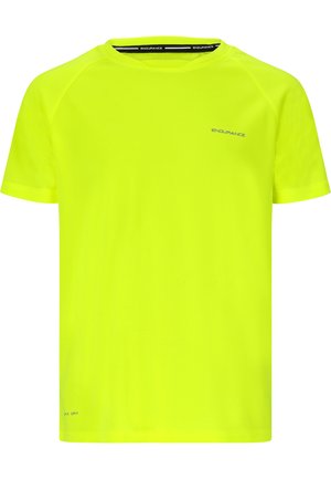 Kortærmet trænings T-shirt i lys gul, lavet af fugttransporterende stof. Har raglanærmer og et diskret logo på brystet.