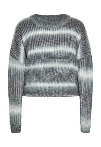 Pulover scurt gri cu un design tricotat gros, având dungi albe orizontale și un guler rotund. Textură moale și mâneci lungi.