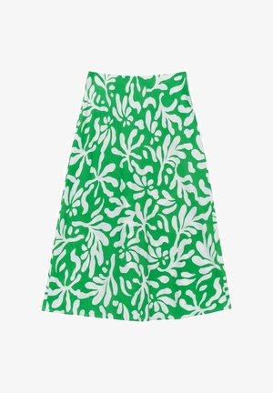 Grøn nederdel med et bladformet hvidt mønster, lavet af tekstureret stof, med A-formet snit og en mellemlang design.