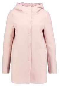 Cappotto in lana rosa chiaro con cappuccio, maniche lunghe, bottoni frontali nascosti e tasche laterali con fessura.